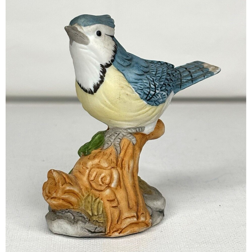 Whittier Society Blue Jay Porcelain Bird Figurine Tree Stump Base